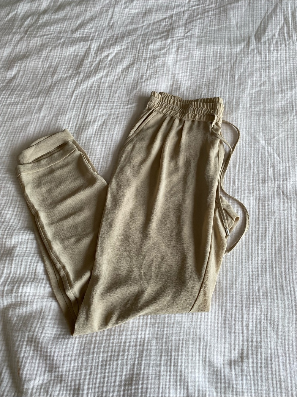Beige Elastic Waist Drawstring Pants